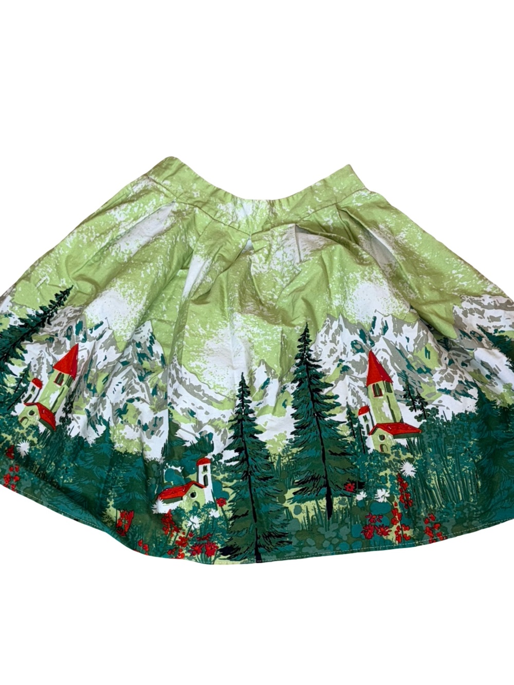 Scenic Green Midi Skirt with Village Print